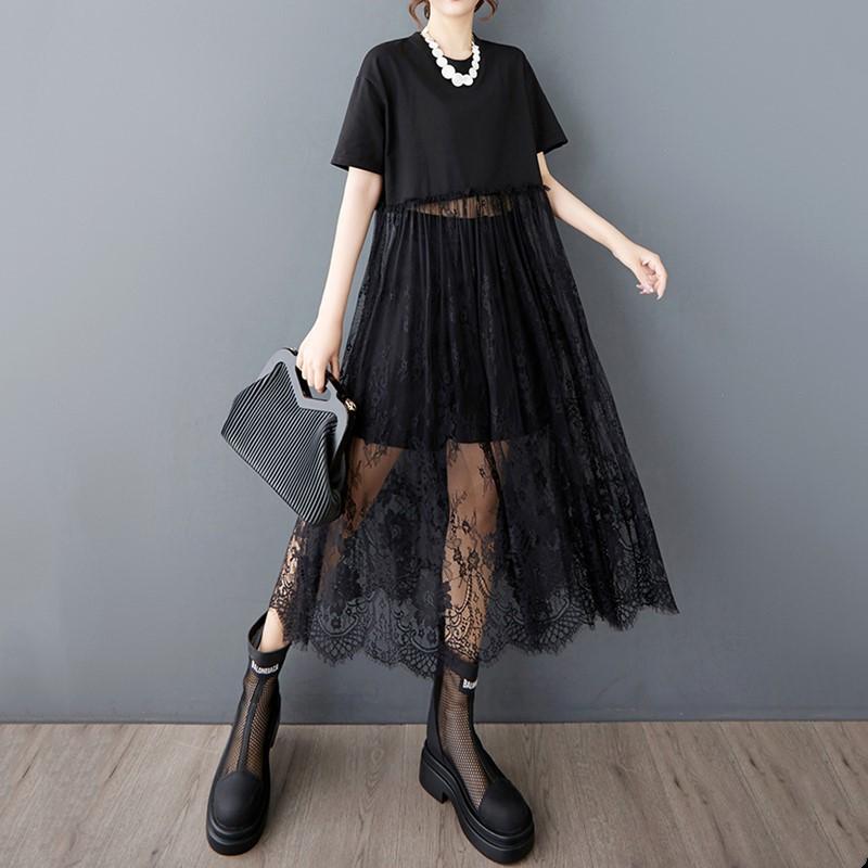 

Короткий рукав Плюс размер кружева винтажные цветочные новые платья для женщин повседневное свободное длинное летнее платье чёрный