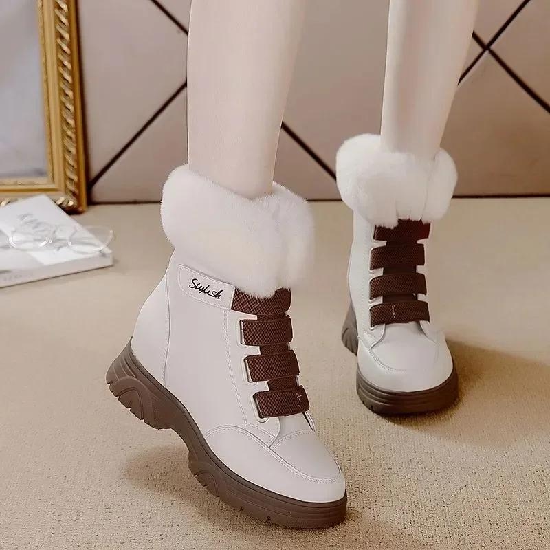 Fashion 7cm Animal Fur Genuine Leather Cushioned Platform Wedge Winter Plush Fur Spring Women Warm Durable Ankle Boots Autumn Hook Shoes