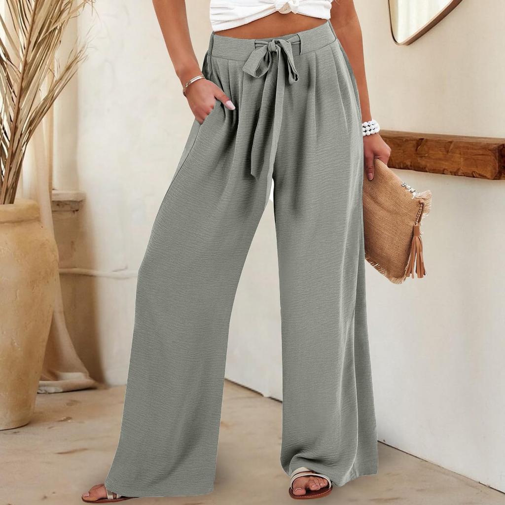 Womens Wide Leg Palazzo Pants High Waisted Adjustable Tie Knot Flowy Trousers Casual Loose Pant With Pockets