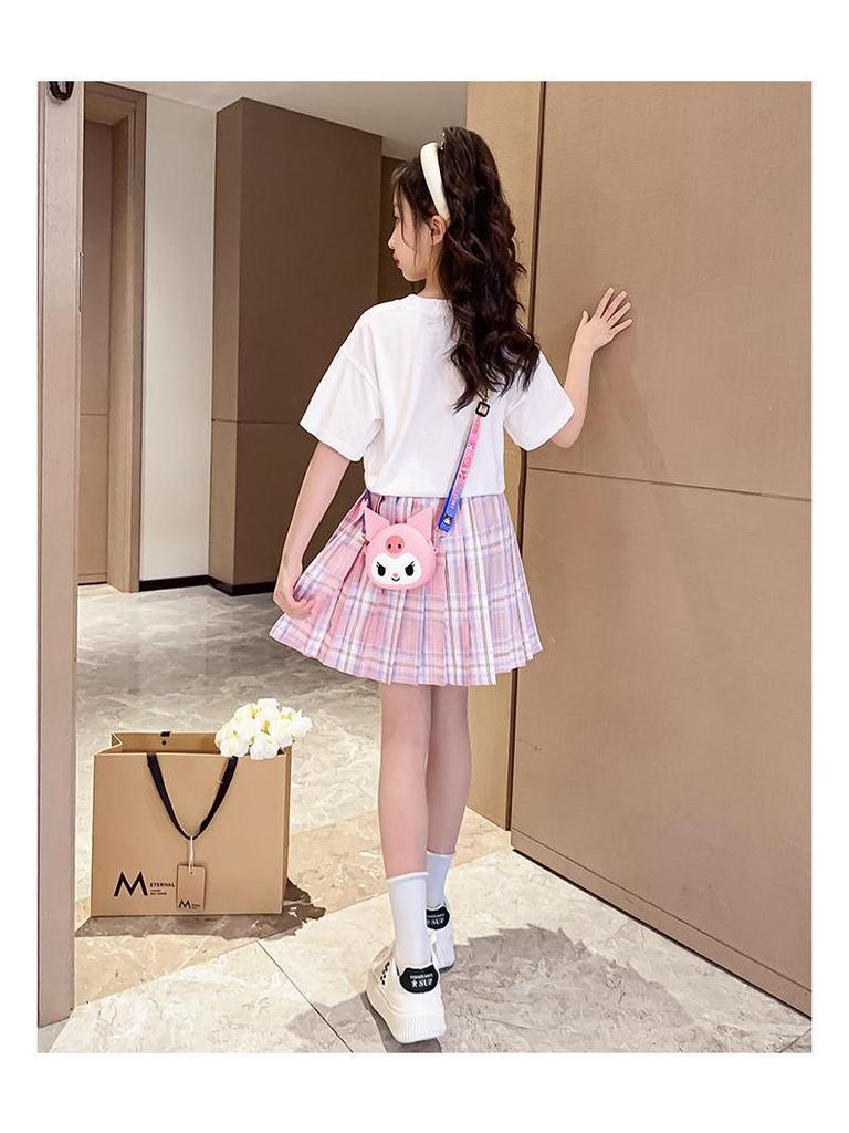 Girls' Summer Preppy Short Sleeve Top & Pleated Skirt Set