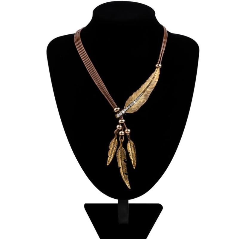 Bohemian Style Rope Chain Leaf Feather Pattern Pendant For Women Fine Jewelry Collares Statement Necklace