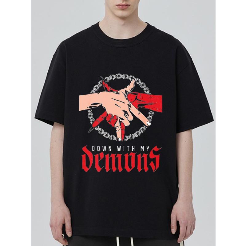 

Black T Shirt With Demon Hands Chain And Down With My Demons Print For Casual Streetwear Style XXXXL чёрный