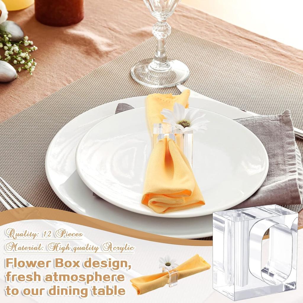 Flower Napkin Rings Clear Acrylic Napkin Holder Rings Bulk Square Flower Bud Vase Combo for Wedding, Birthday Banquet Table Decor, 1.77 x 1.97