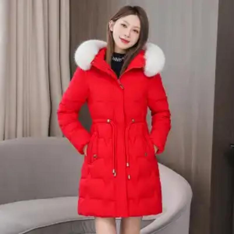 Winter Damen Neu Elegant Parkas Midi Slim Mode Koreanisch Großer Pelzkragen Reißverschluss Kordelzug Klassisch Alleskönner Warm Daunenjacke