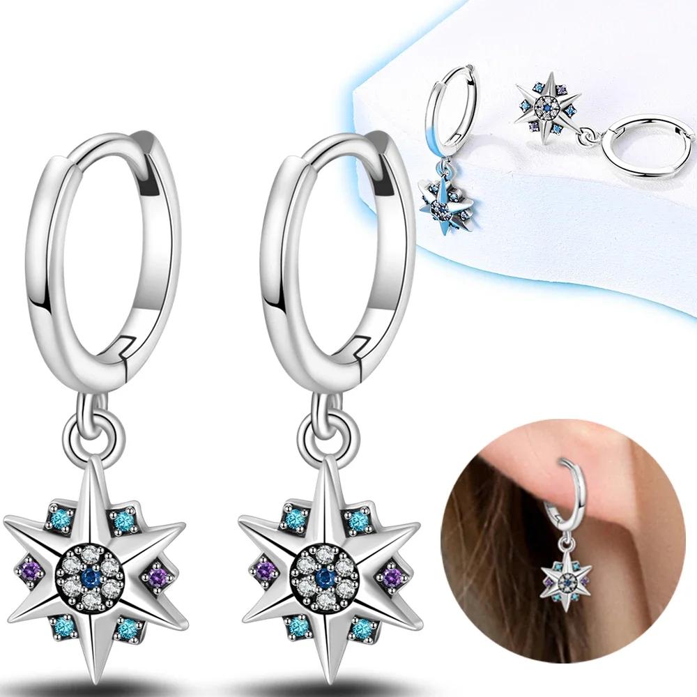 

Woman Earrings 925 Silver Sparkling Zircon Stars Moons Sun Hoop Earrings for Women Engagement Birthday Fine Jewelry Gift