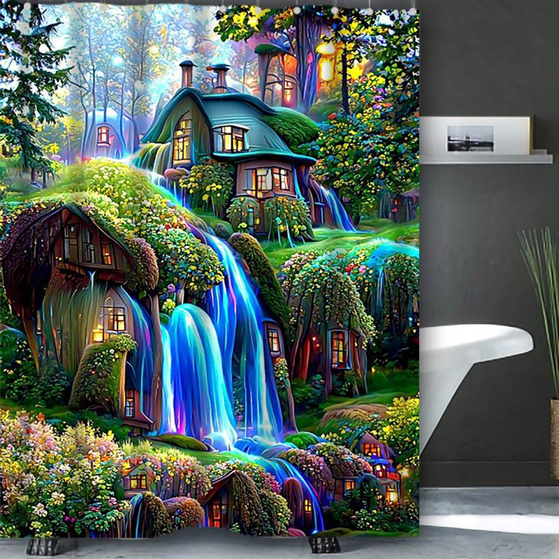 Dream View Cottage  Bathing Curtain  Bathroom Shower Curtain Waterproof With 12 Hooks Home Deco Free Ship