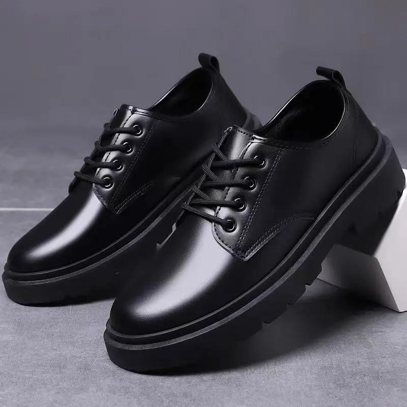 Fashion Leather Shoes Men Business Formal Casual Shoes Students Thick Bottom Lace Up Round Head Non-slip Comfortable Outdoor Shoes