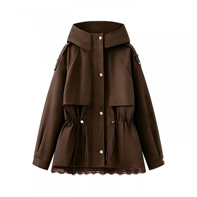 Womens Fall Winter Trench Coat Cotton Padded Jacket Lace Trim Elastic Waist Solid Color