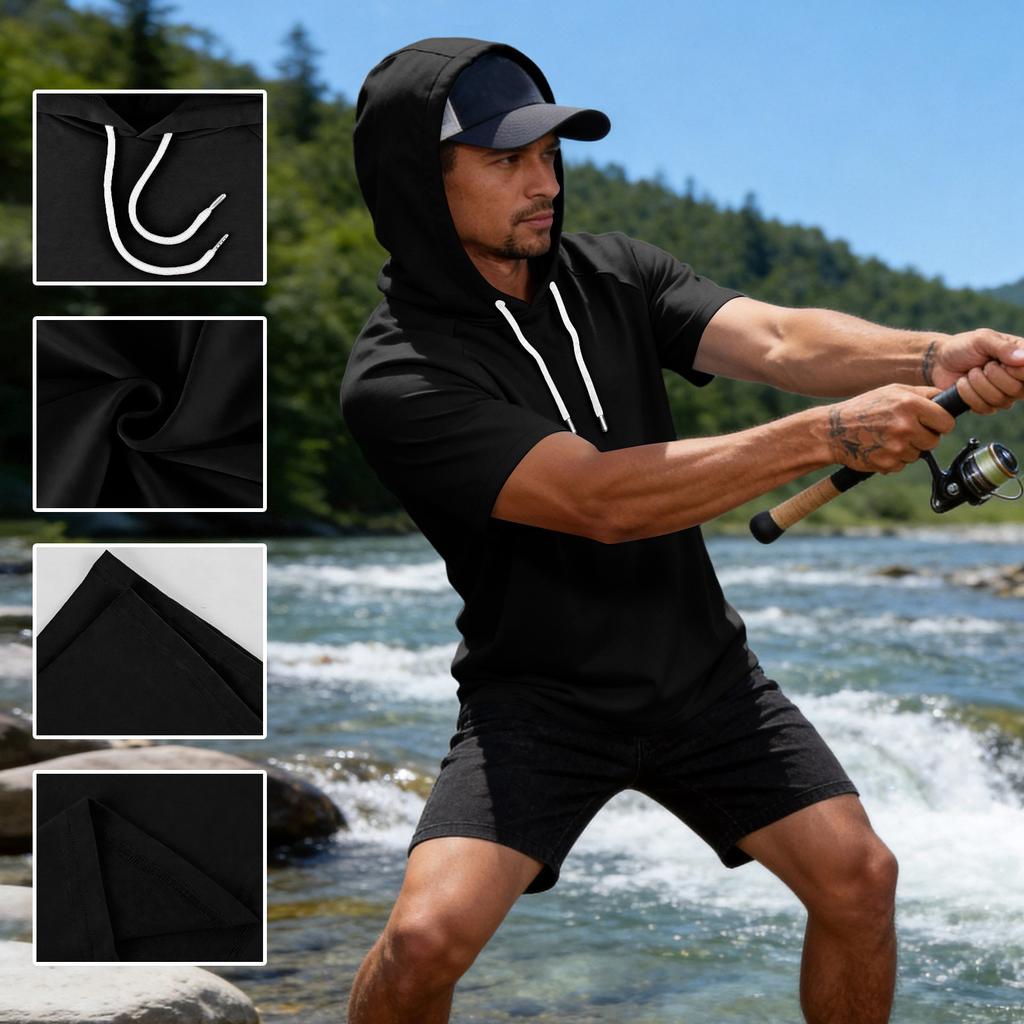 Men Short Sleeve Hoodie Casual Pullover Drawstring Hooded Shirt Relaxed Fit Lightweight Top for Everyday Wear