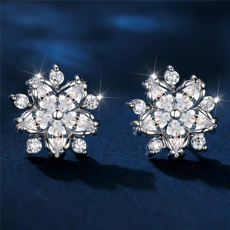 Luxury Female Red Stone Flower Stud Earrings Silver Color Zircon Wedding Jewelry For Women