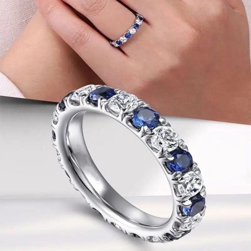 Exquisite Women's Thin Ring Full Paved Blue White Cubic Zirconia Simple Stylish Girls Promise Rings Wedding Party Jewelry