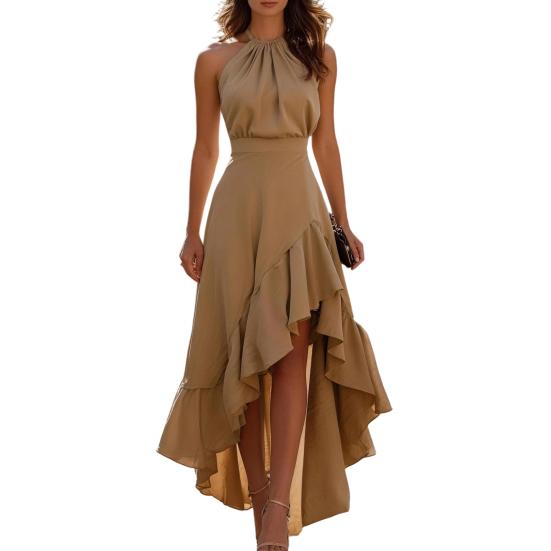 Yousheng Women Cocktail Party Dress, Halter Sleeveless Flowy Long Dress, Ruffled Irregular High Low Wedding Guest Dress