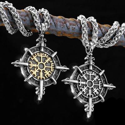 Vintage Gold Color Vikings Compass Necklace Men Antique Stainless Steel Norse Rune Amulet Pendant Vegvisir Homme Gifts Jewelry