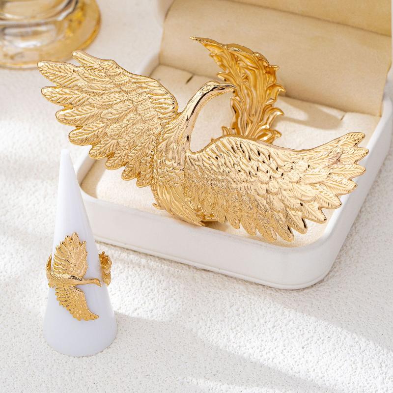 2 Pcs Gold Phoenix Cuff Bracelet Ring Set Exquisite Carved Details Adjustable Size Great For Party Prom Gift