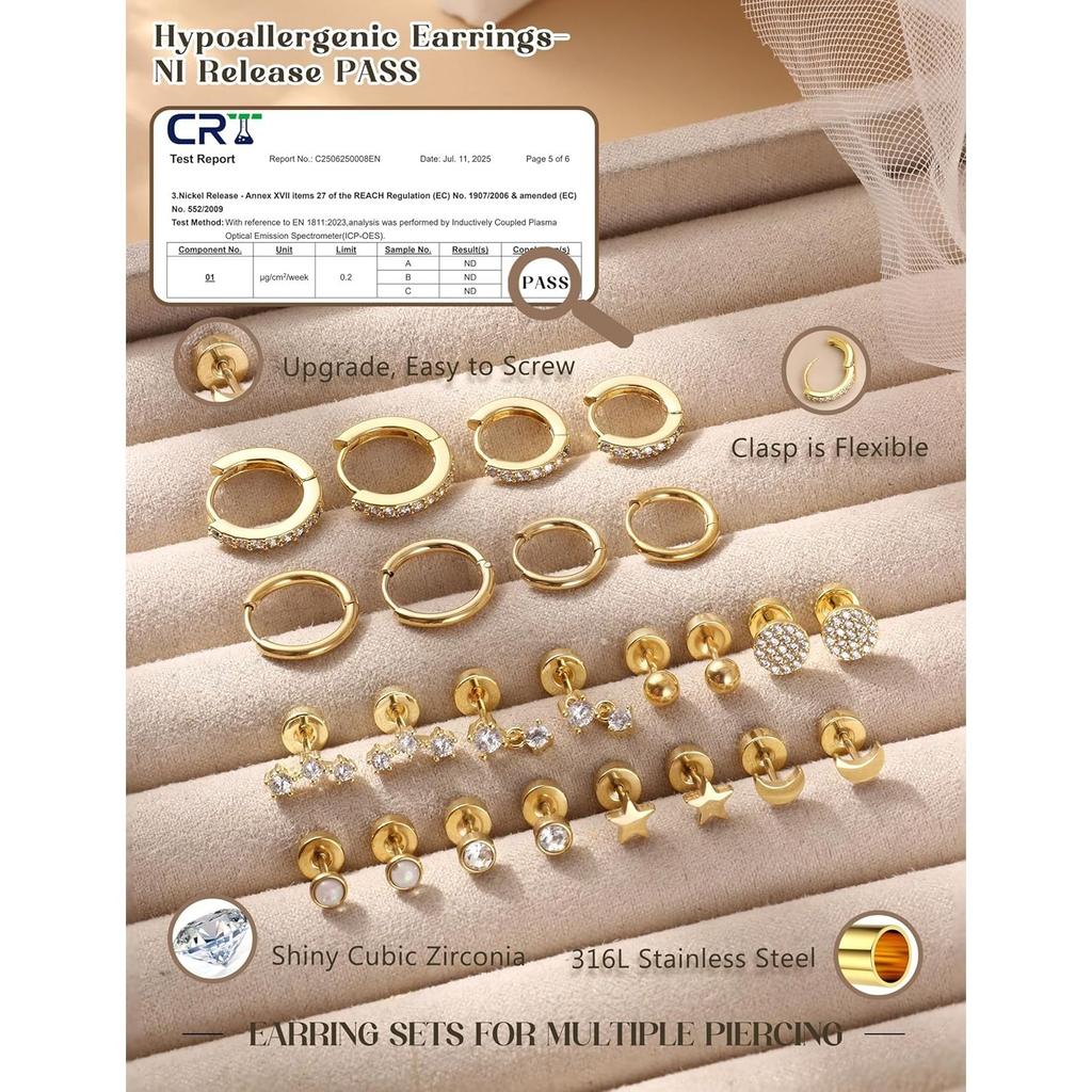 Bobisty 12 Paia Orecchini con Dorso Piatto per Donne Acciaio Chirurgico 316L Orecchini a Bottone Cerchi Set da Impilare Gioielli per Piercing Cartilagine Helix