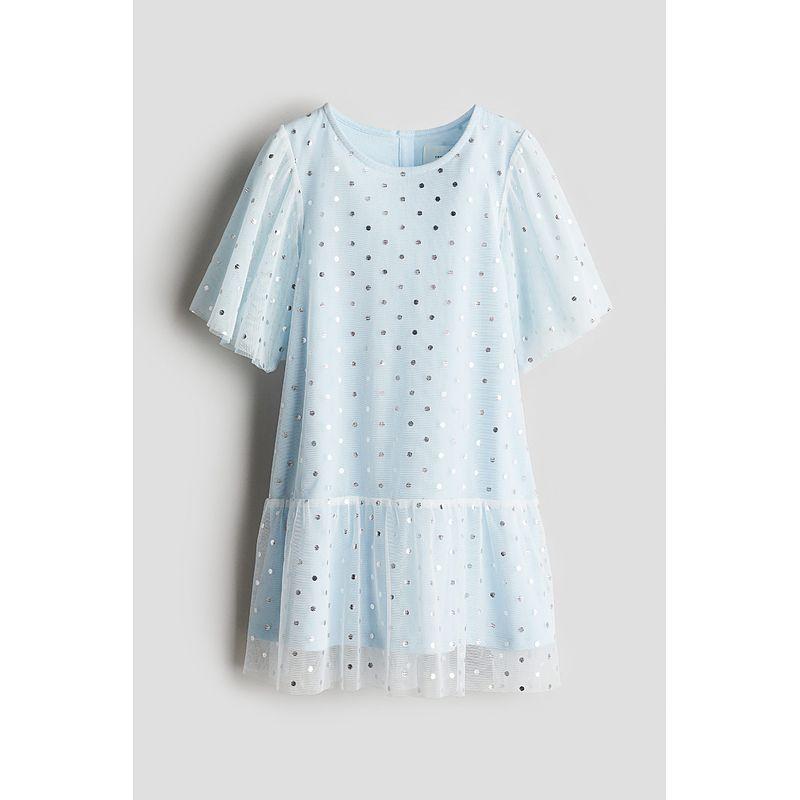 

HM Children s Clothing Girl Dress 2025 Autumn New Arrival Tulle Print round Neck Gathers Flare Skirt 1286175