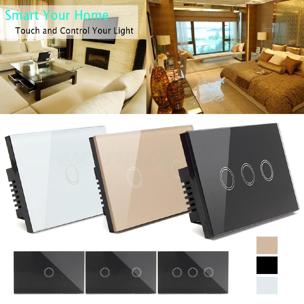 3 Gangs 3 Way ABS Panel Smart Wall Light Switch Wireless Touch Control Light Switch Black White Gold 120x70x40mm