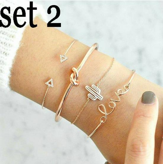 Trendy European & American Triangle Love Tree Leaf Bracelet Set - 4 Pieces