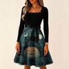 Women's Vintage Long Sleeve Square Neck Dress with Halloween Print for Party Evening Wear
