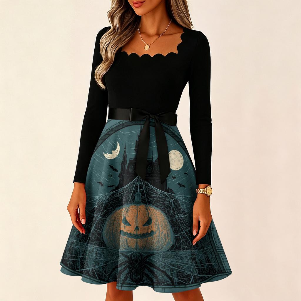 Women's Vintage Long Sleeve Square Neck Dress with Halloween Print for Party Evening Wear