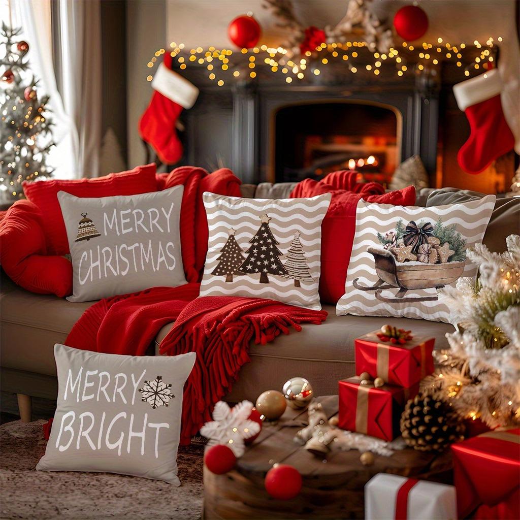 1pc/4pcs Festive Merry Christmas & Merry Bright Pillow Covers with Unique Designs Sofa Room Decoration Holiday Home Decoration