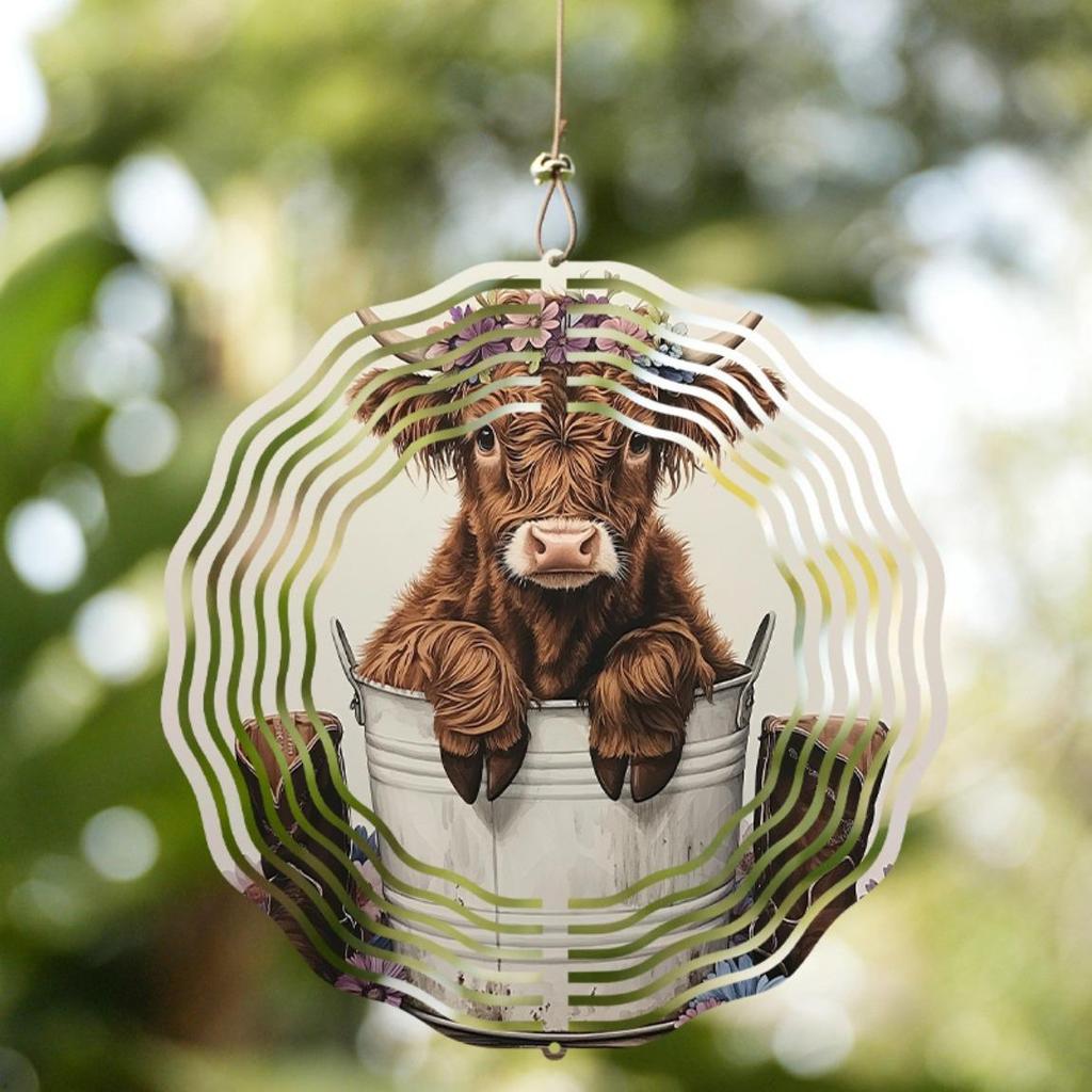 Highland Cow Windmill Garden Decor - 25.4cm (10-inch) Metal 3D Art Hanging Ornament, Floral Print Design
