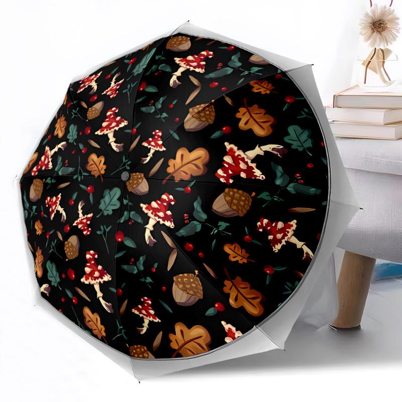 Mystical Forest Mushrooms Compact Travel Automatic Umbrella Compact 8-Rib Design Durable Plastic & Iron Travel Essential Elegant Umbrella