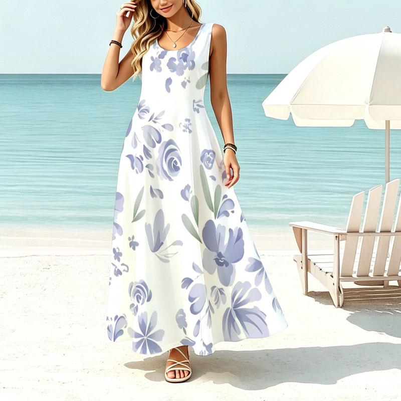 Women Sleeveless Beach Maxi Dress,Lightweight Flowy Large Hem,Fresh Floral Pattern,Elegant Comfortable,Spring Autumn Inner Wear,Travel Photos