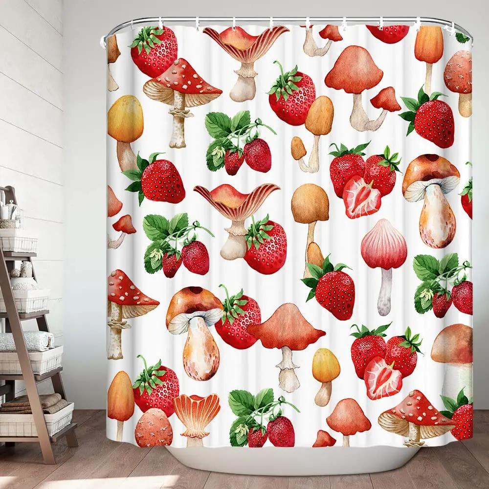 Kawaii Strawberry Shower Curtain For Bathroom Decor, Cute Pink Fruit Shower Curtain Waterproof Fabric Bath Curtain With Hooks