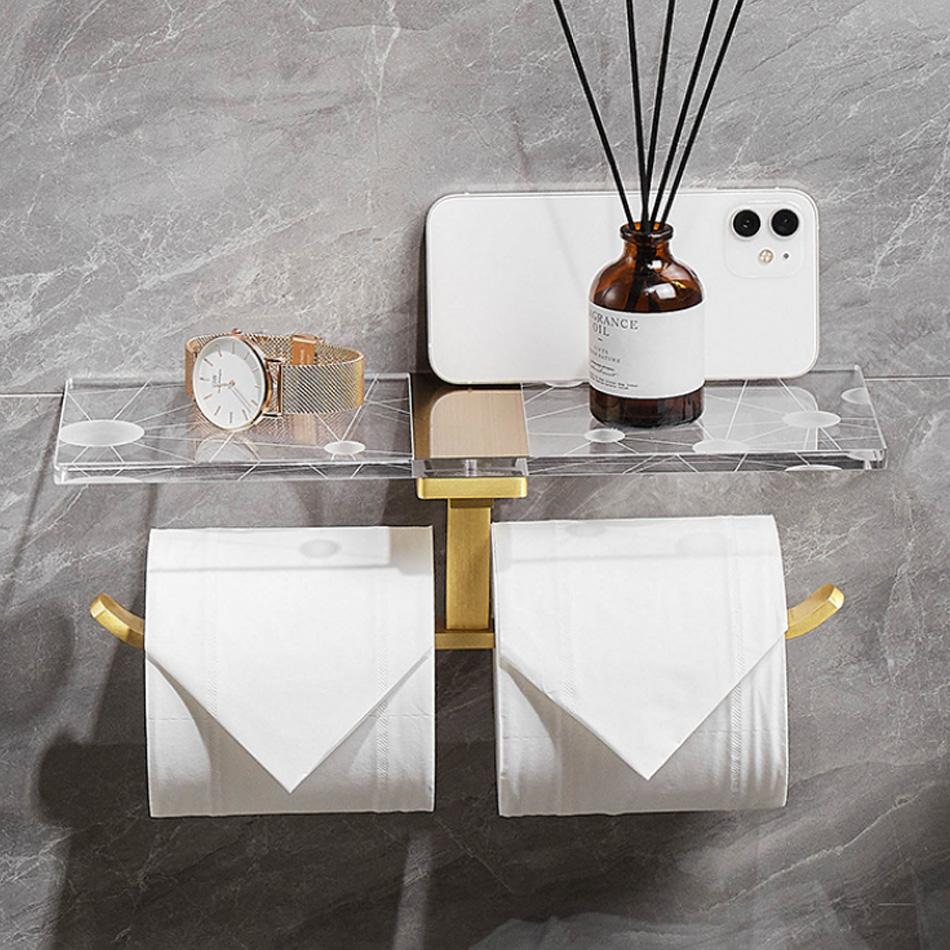 Gold Toilet Paper Holder with Shelf Black Aluminum Creative Acrylic Double Paper Towel Rack Tissue Hanger for Bathroom Kitchen