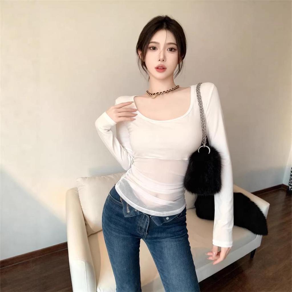 Elegant Autumn-Winter Mesh Splice Square Neck Long Sleeve See-Through Top