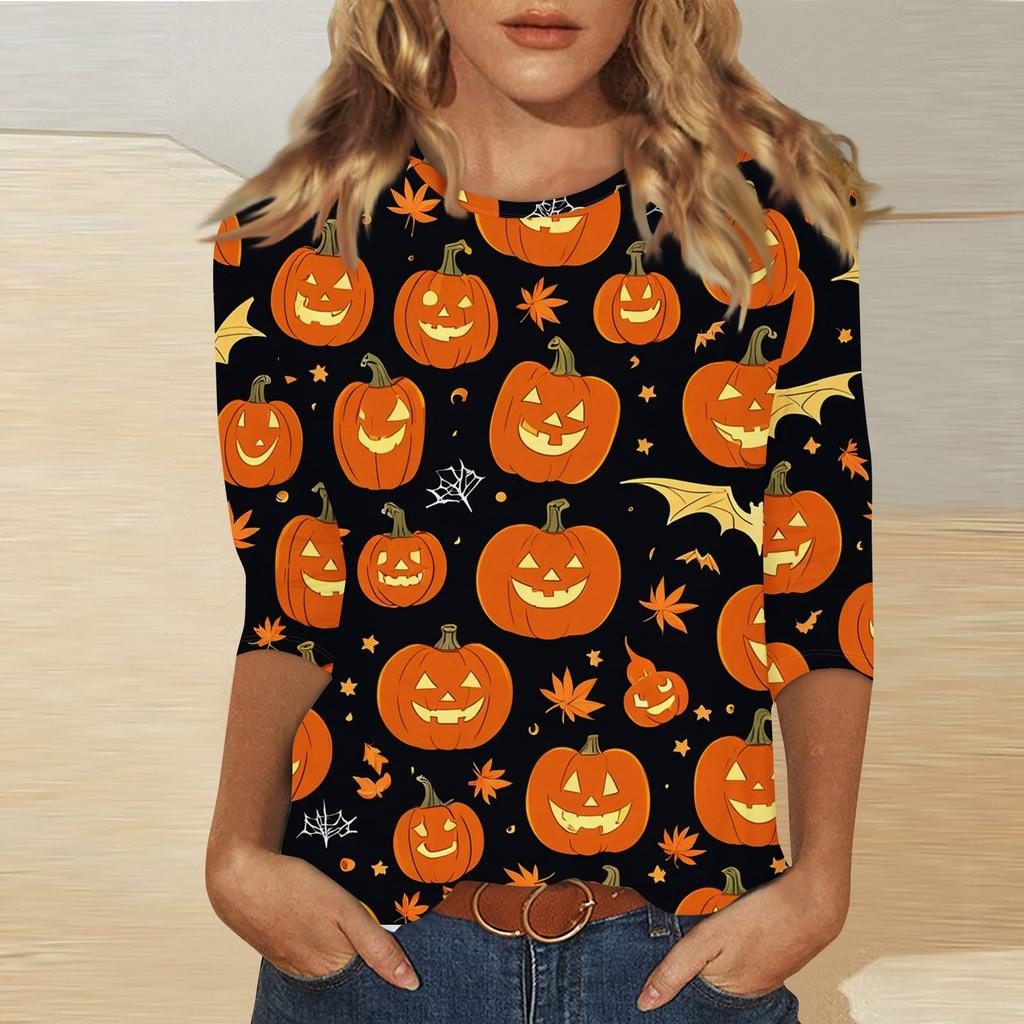 Women's Fashion Casual Three-quarter Sleeve Halloween Printed Round Neck Top