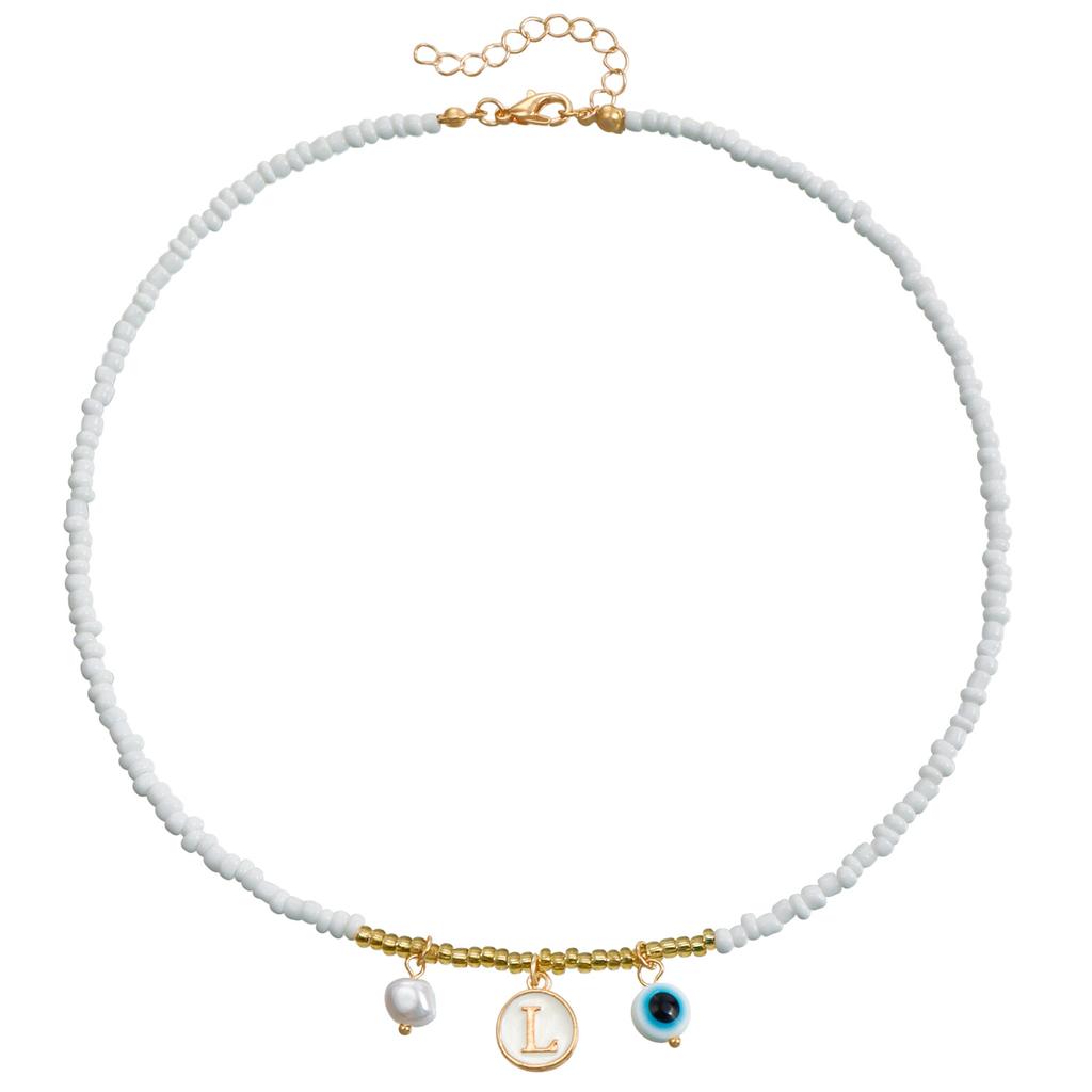 Exclusive, Bohemian White Rice Bead Beaded Necklace, Ethnic Style Alphabet Eye Pendant Necklace