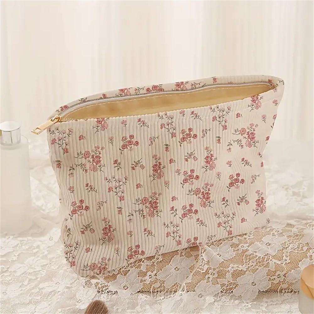 New Portable Floral Cosmetic Bag Corduroy Lightweight Zipper Makeup Organizer Multifunctional Large Capacity Storage Bag Travel