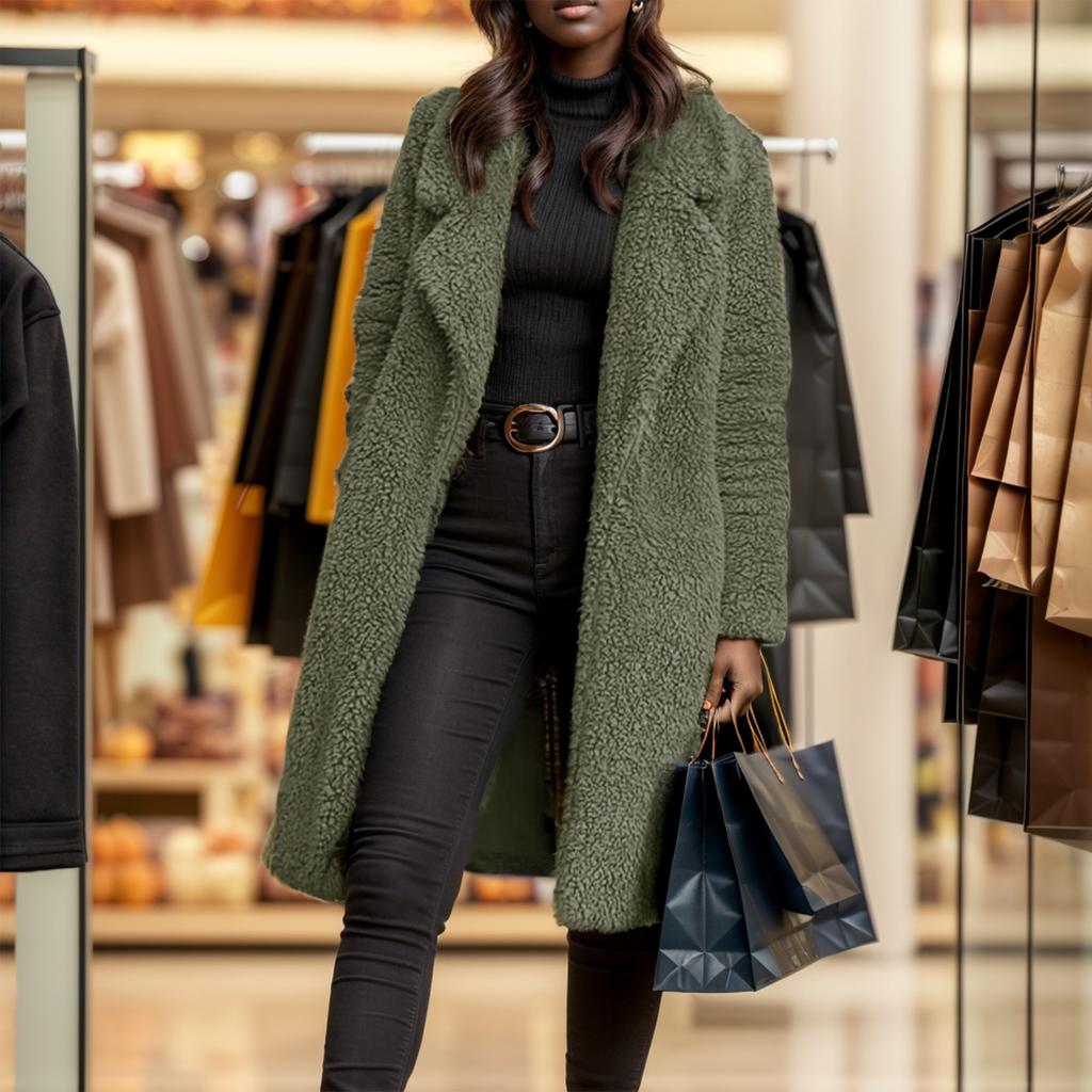 Herbst und Winter Damenbekleidung Europäische und amerikanische Langarm Revers Damen Plüsch Top Extended Coat Mantel