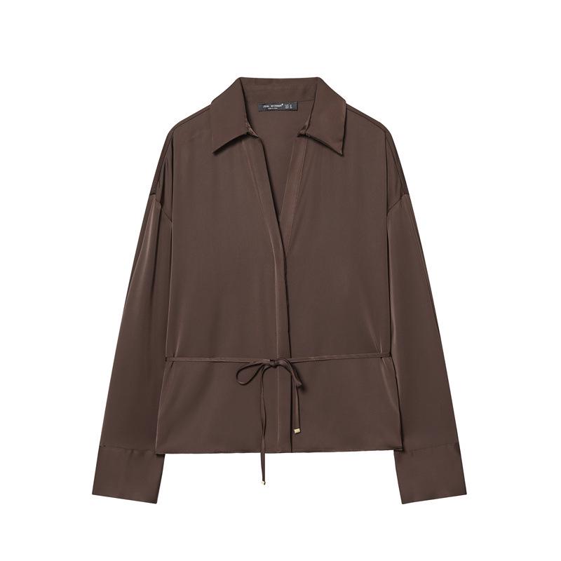 Women s Cross-Border Fashion Casual Brown Lapel Lace-Up Slim Fit Shirt Jacket M