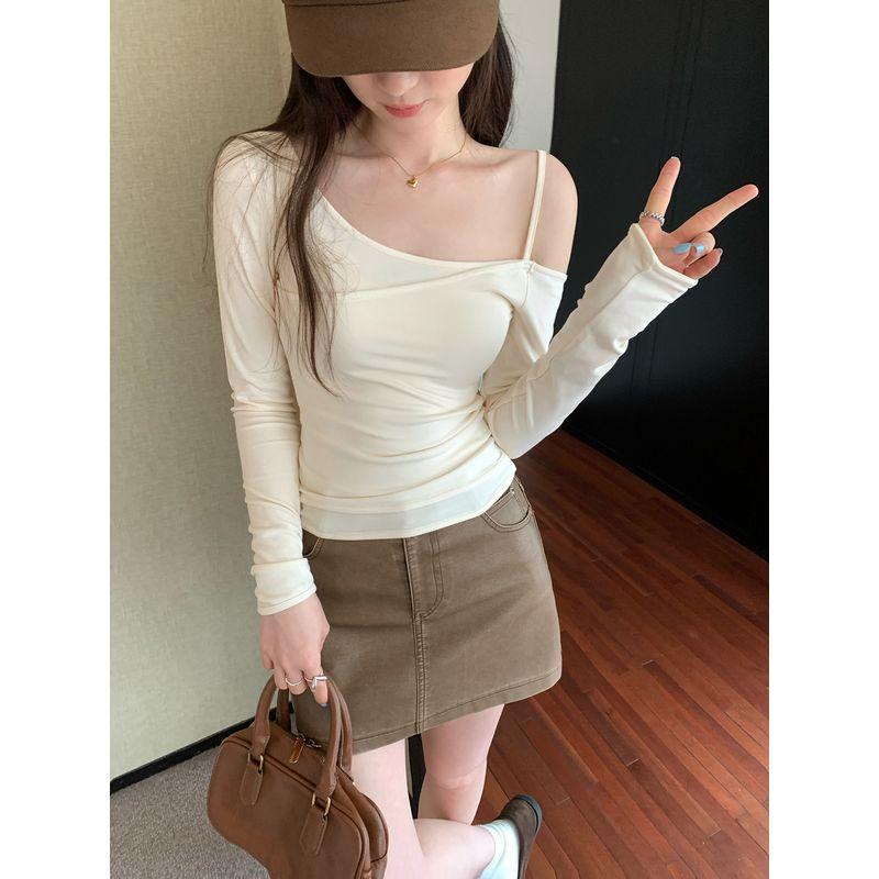 Kumikumi Design Sense Solid Niche Chic Sloping Shoulder Long Sleeves Shirt Women Autumn Slim Fit Slimming Versatile Top