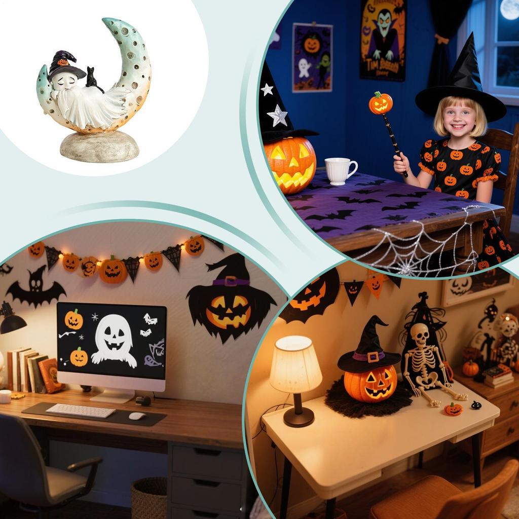 Creative mermaid moon little ghost Figurines  with Witch Hat Halloween resin craft Home Decor living room decoration for Holiday