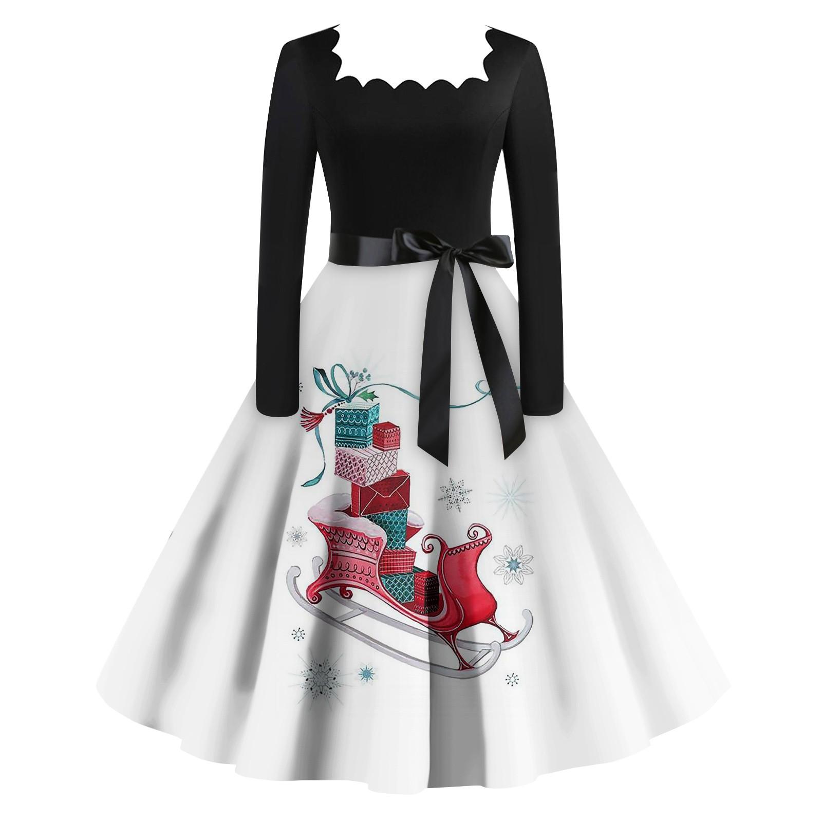 Женская мода винтаж с длинным рукавом квадратный вырез рождественский принт вечерние — фото 9