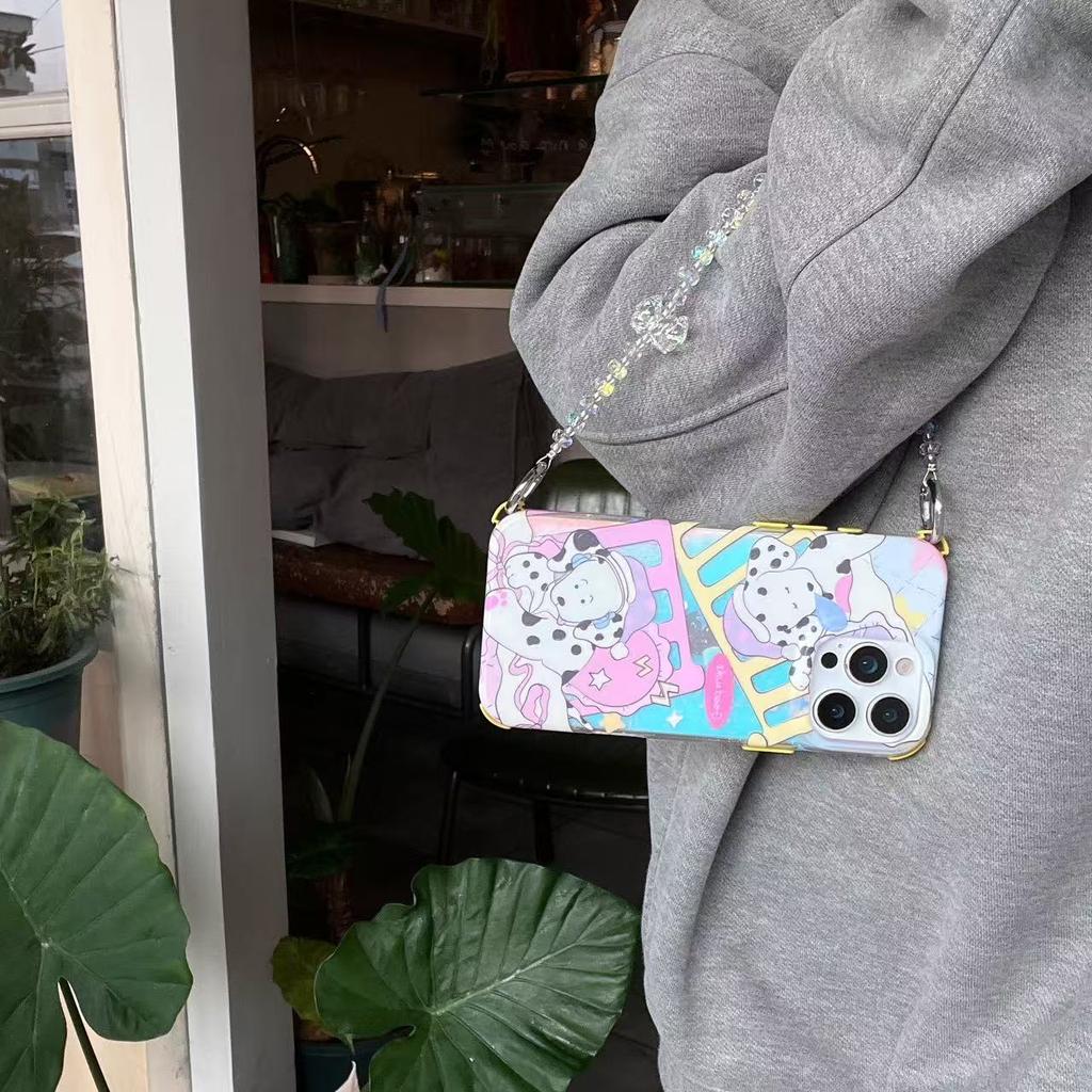 For iPhone 16 Pro Max Case IMD Cartoon Dalmatian TPU Phone Cover with Beaded Strap