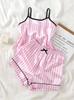 Girls Satin Pajama Set, Pink Striped Cami Top & Shorts Bow Decor Soft Silk Sleepwear Kids Summer Loungewear Pjs for Kids 8-12Y
