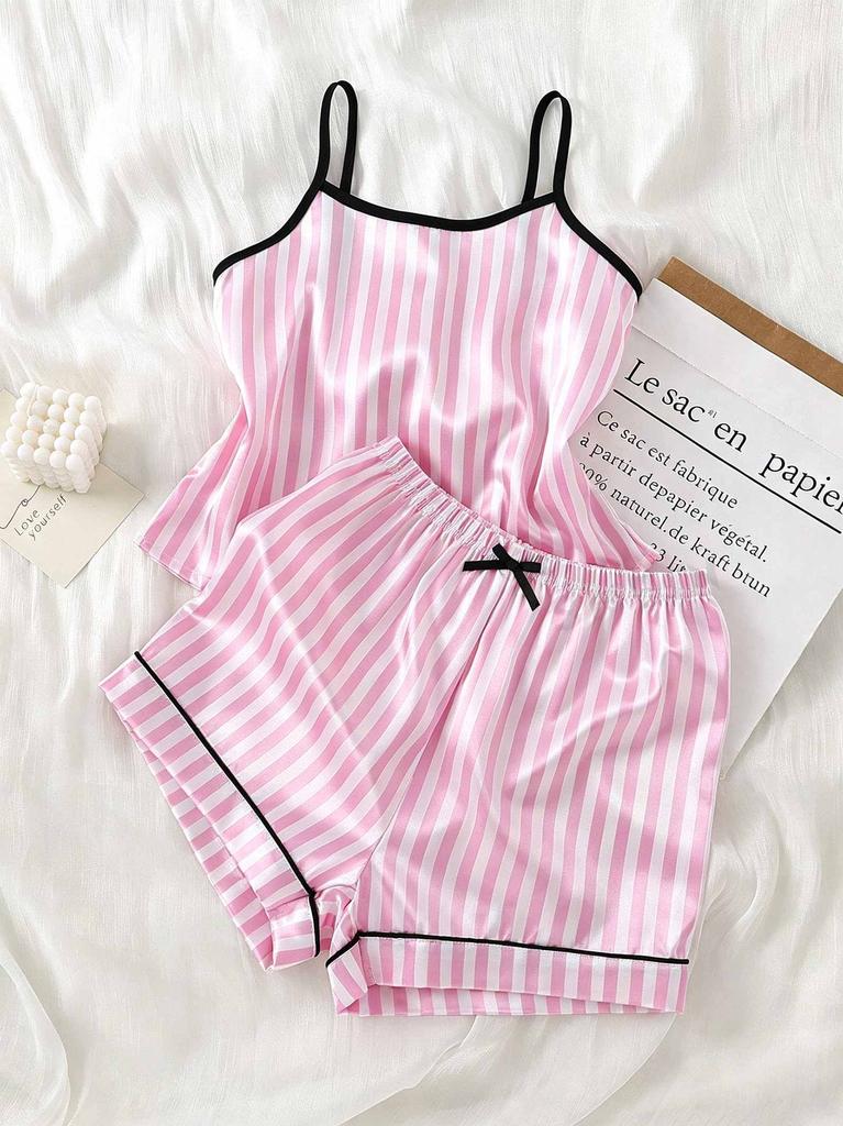 Girls Satin Pajama Set, Pink Striped Cami Top & Shorts Bow Decor Soft Silk Sleepwear Kids Summer Loungewear Pjs for Kids 8-12Y