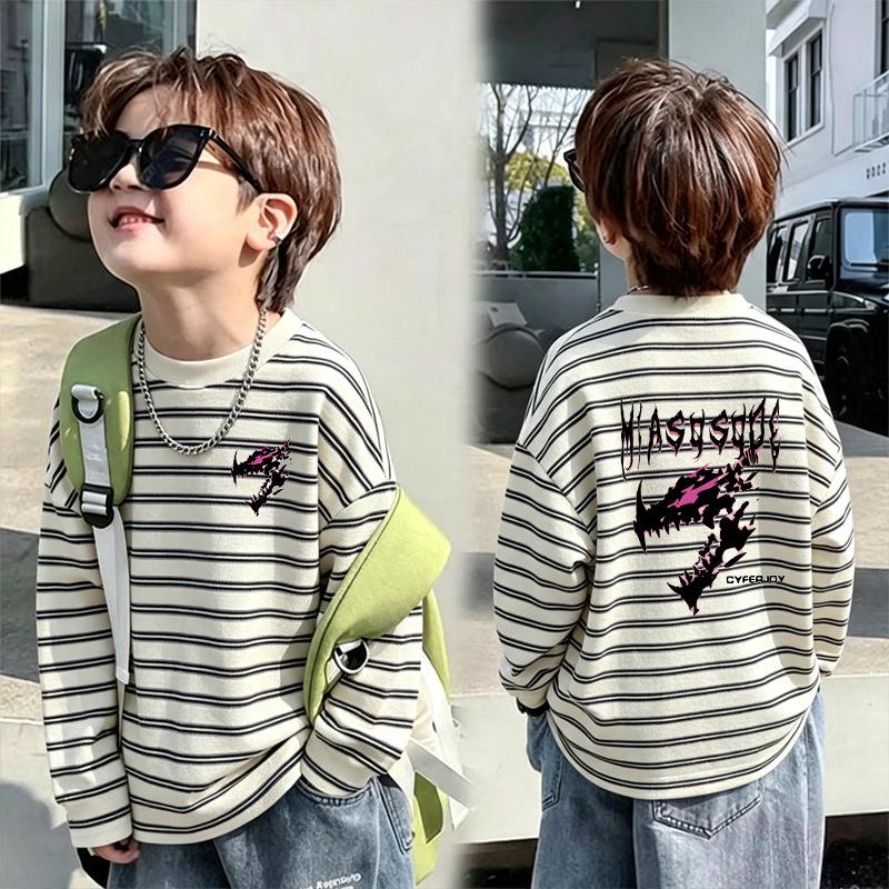 Boys' Striped Cotton Long-Sleeve T-Shirt - Trendy Spring/Autumn 2026 Patchwork Top, Medium/Large