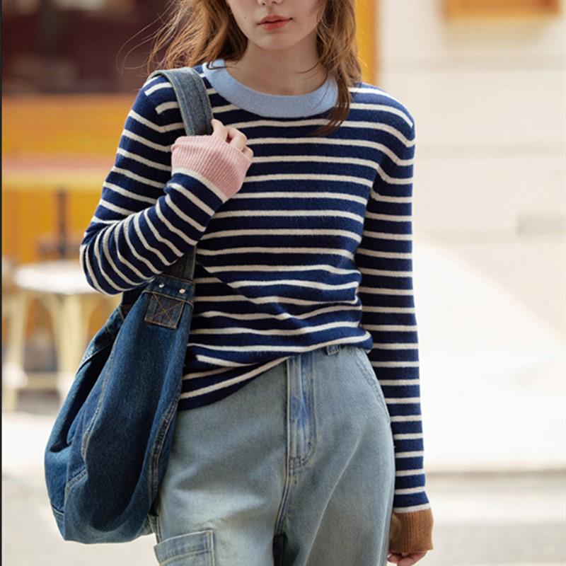 

Шикарный полосатый свитер из мериноса и альпаки в стиле королевского синего цвета Medium