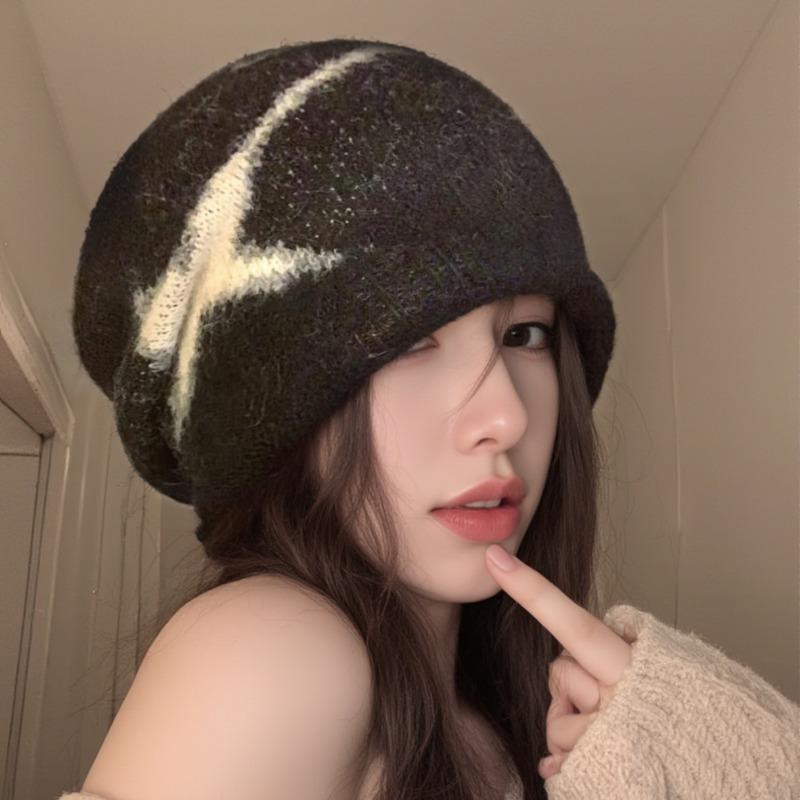 Pile hat women's retro knitted bag hat new big head circumference confinement hat autumn and winter ear protection cold hat
