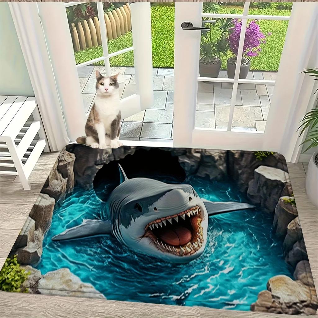 Shark 3D Printed Flannel Rug Ocean Cave Design Indoor Floor Mat Marine Animal Theme Home Decor Living Room Entrance Art Pet