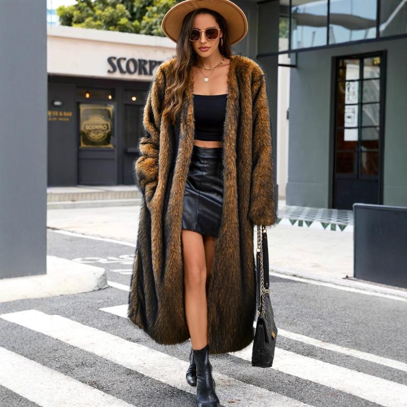 Women's Full-Length Faux Raccoon Fur Coat Open Front Warm Winter Maxi Outerwear