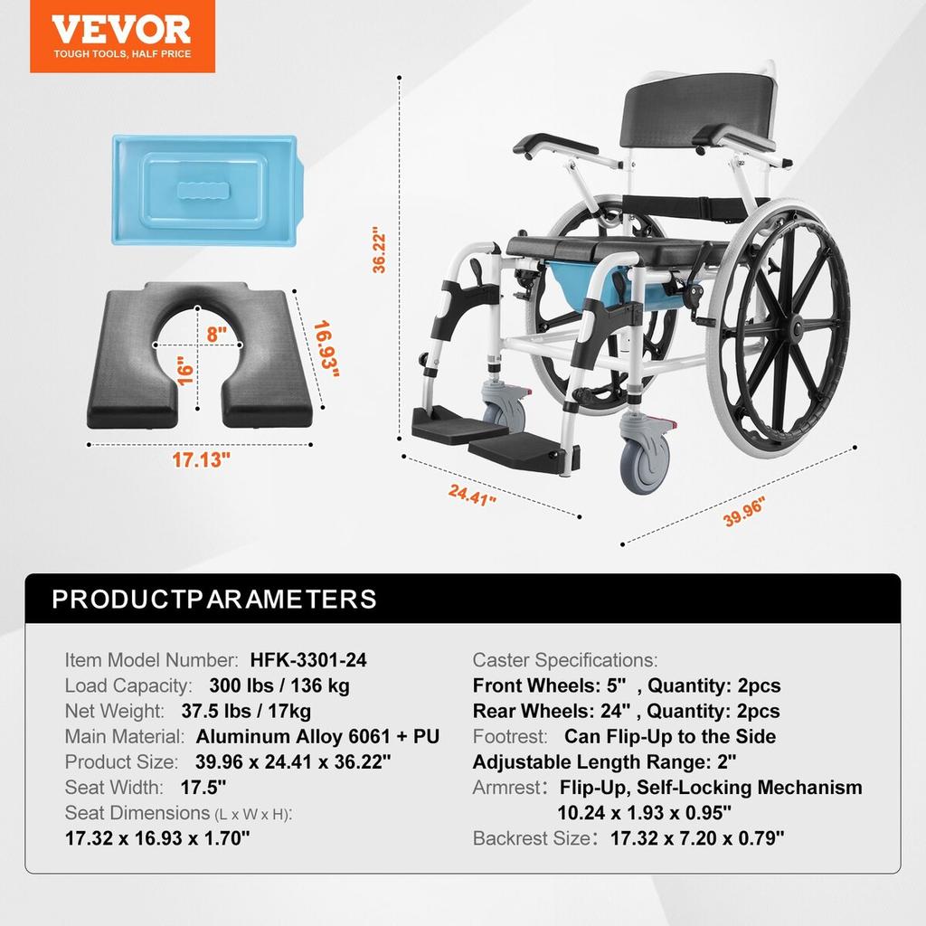Shower Wheelchair 17.5in Al Alloy Commode Bathroom Wheelchair for Disabled