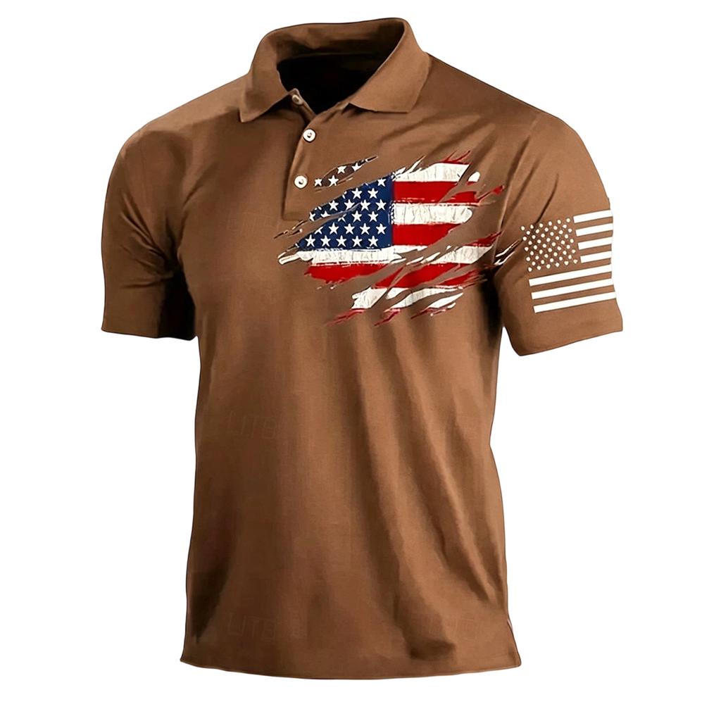 Men’s Casual Polo Shirt Short Sleeve with Flag Print Turn Down Collar Classic Fit for Everyday Wear Outdoor Activities