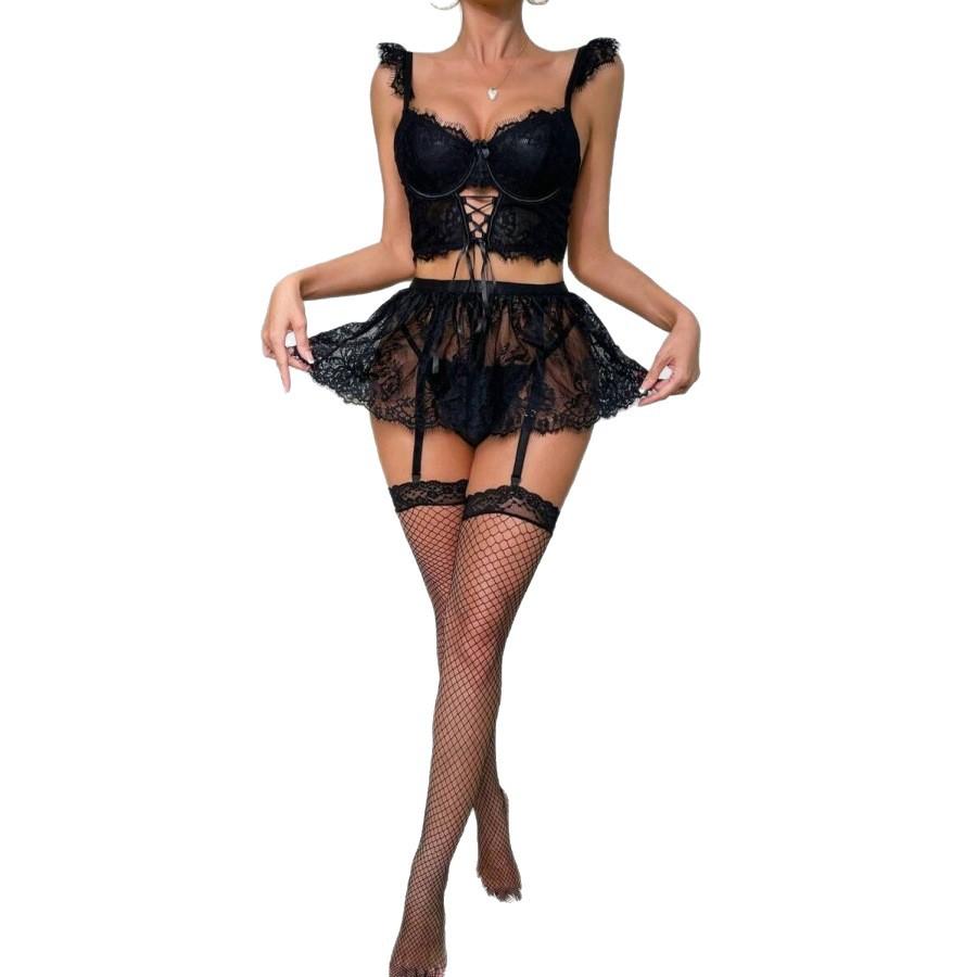 European and American Lingerie: Sexy Lace See-through Pure Desire Short Skirt Set, Flirtatious Lingerie